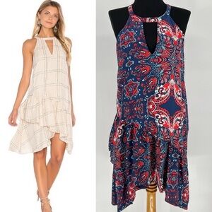 Parker Sienna Dress Red Blue Paisley Print Keyhole Neckline Ruffle Detail Halter
